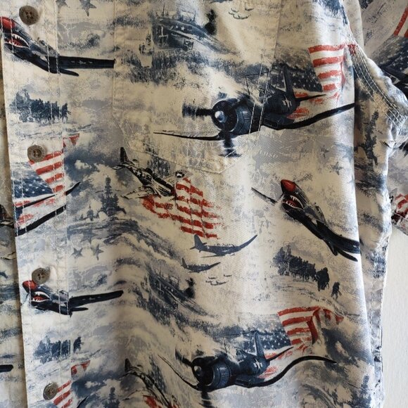 Red Head Patriotic Short Sleeve Shirt Planes Ships Flag  Men's Size XL - Picture 7 of 12